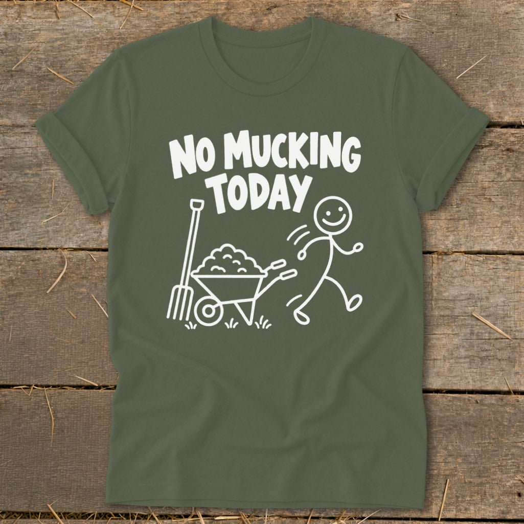 Olive green t-shirt with white text and stick figure graphic.