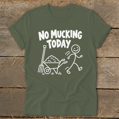 Olive green t-shirt with white text and stick figure graphic.