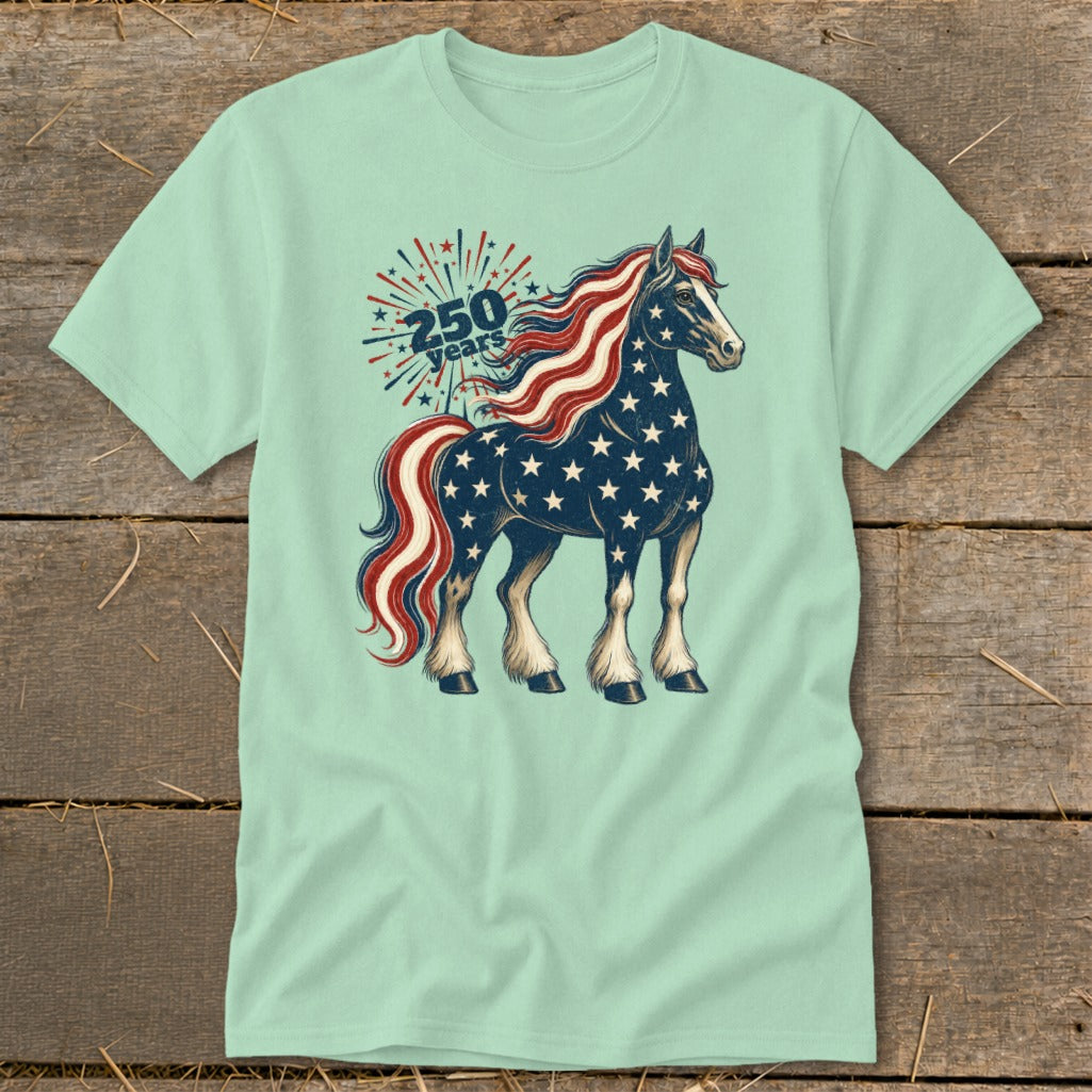 Horse with American flag pattern and "250 years" text on light blue t-shirt.