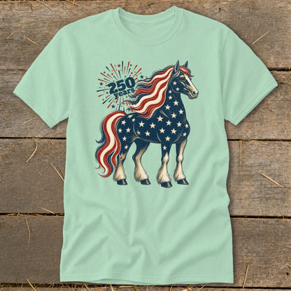 Horse with American flag pattern and "250 years" text on light blue t-shirt.