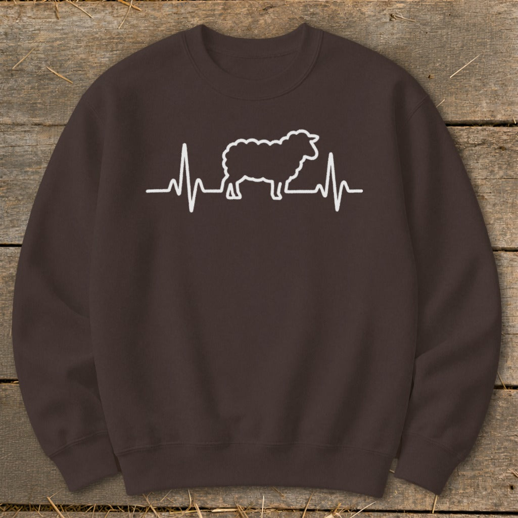 Brown crewneck sweatshirt featuring a white graphic of a sheep silhouette overlaid on a heartbeat line.