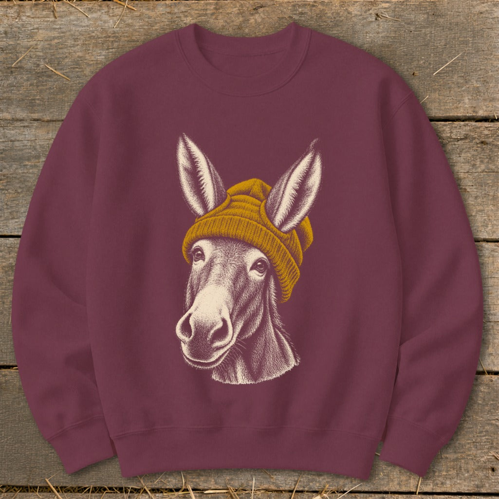 Maroon sweatshirt with a vintage illustration of a donkey wearing a yellow beanie.