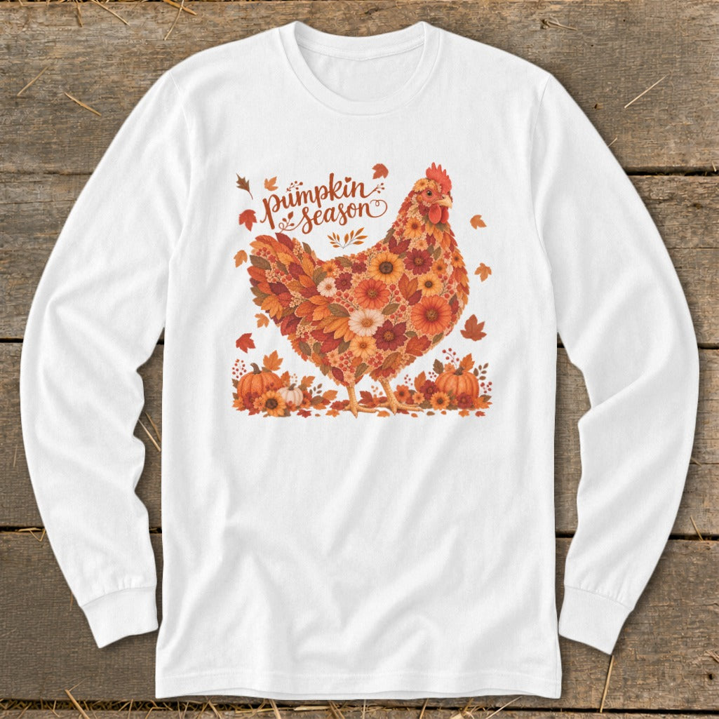 White long-sleeve shirt featuring a chicken design made of autumn flowers and leaves.