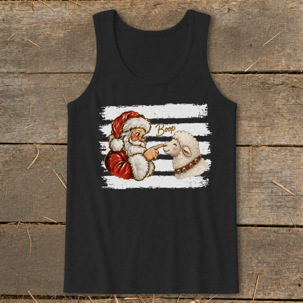 Santa booping a sheep with the word "Boop" on a distressed background.
