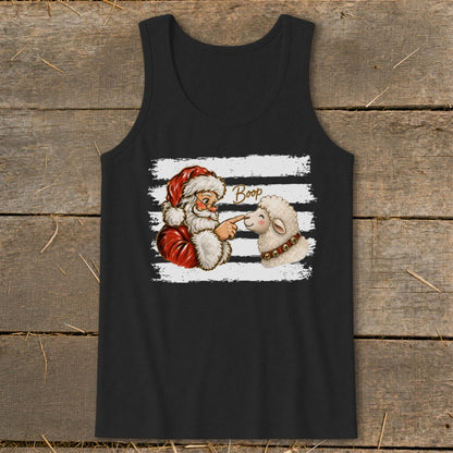 Santa booping a sheep with the word "Boop" on a distressed background.
