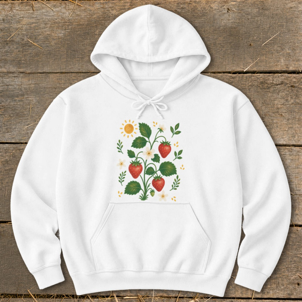 White hoodie with a strawberry plant, sun, and flowers graphic on the chest.