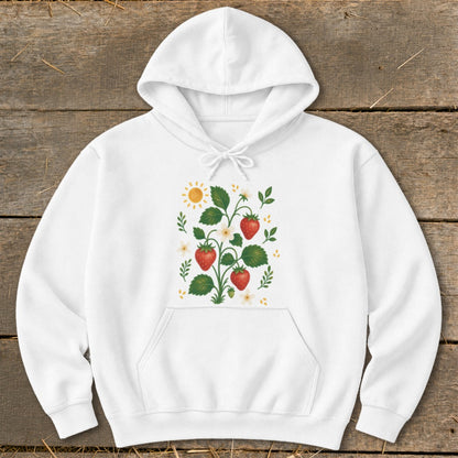 White hoodie with a strawberry plant, sun, and flowers graphic on the chest.