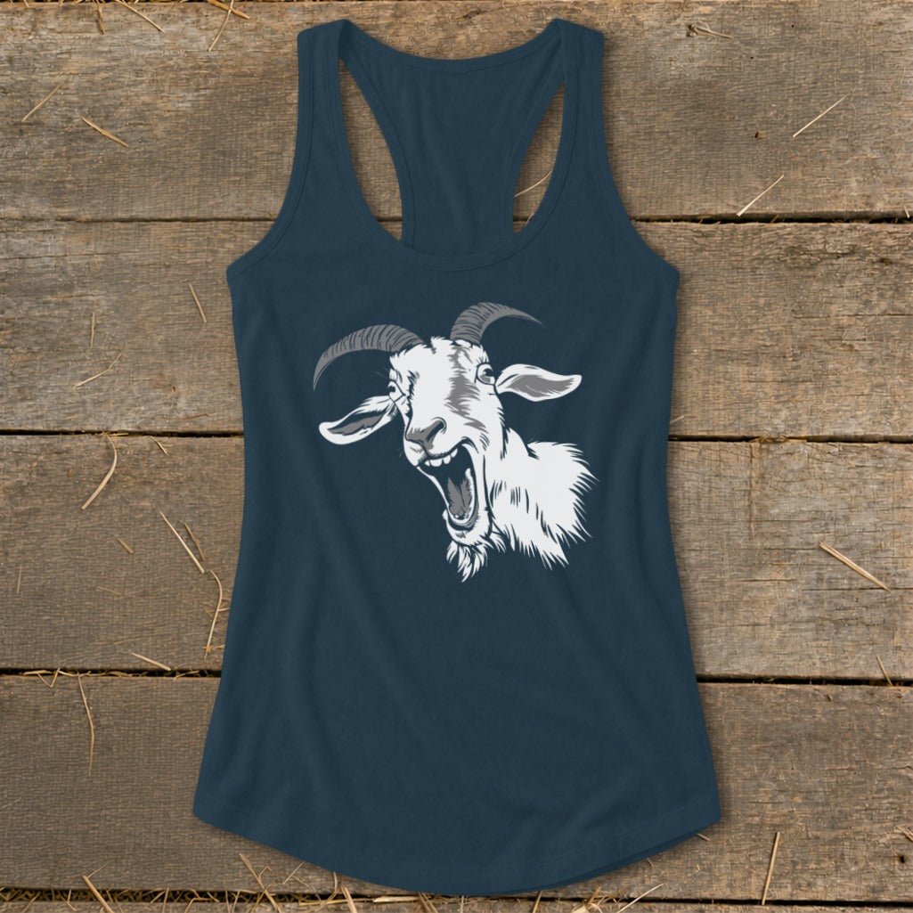 Navy blue tank top with a distressed white graphic of a screaming goat's head.