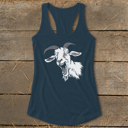 Navy blue tank top with a distressed white graphic of a screaming goat's head.