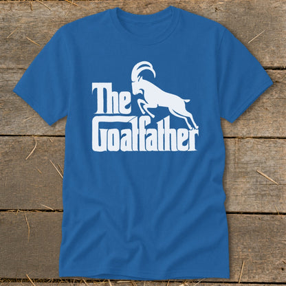 Blue t-shirt with white "The Goatfather" text and a jumping goat graphic.