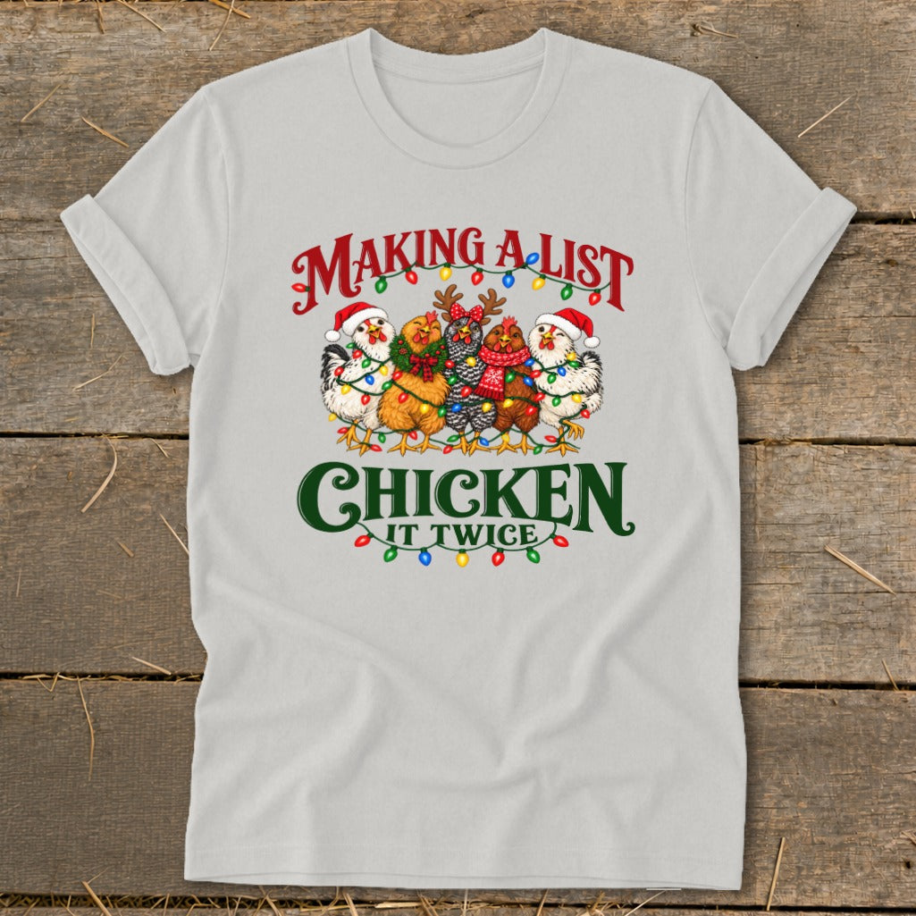 Christmas chickens wearing Santa hats and lights, "Making a list, chicken it twice" text.