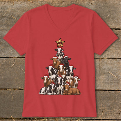Red t-shirt with a Christmas tree made of cows wearing Santa hats and a star topper.