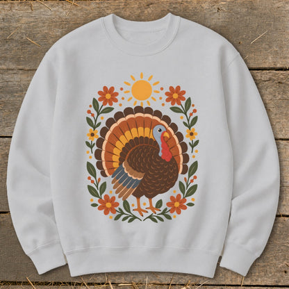 Light gray sweatshirt with a colorful turkey and floral design.