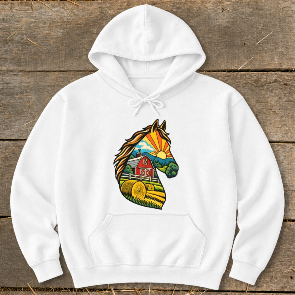 White hoodie featuring a graphic of a horse profile filled with a farm scene including a red barn and hay bales.