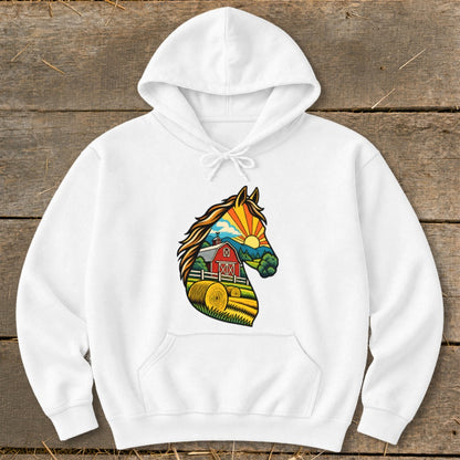 White hoodie featuring a graphic of a horse profile filled with a farm scene including a red barn and hay bales.