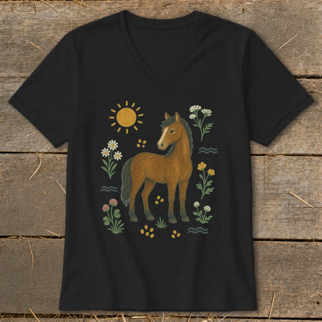 Black t-shirt with a brown horse, sun, and wildflowers graphic.