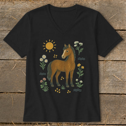 Black t-shirt with a brown horse, sun, and wildflowers graphic.