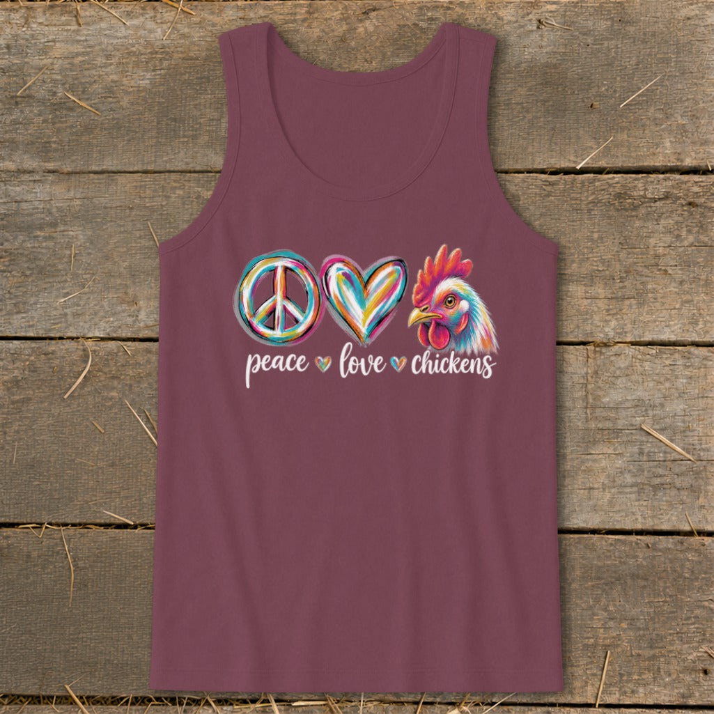 Burgundy tank top with "Peace Love Chickens" graphic and colorful chicken illustration.