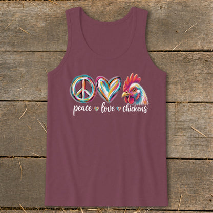 Burgundy tank top with "Peace Love Chickens" graphic and colorful chicken illustration.