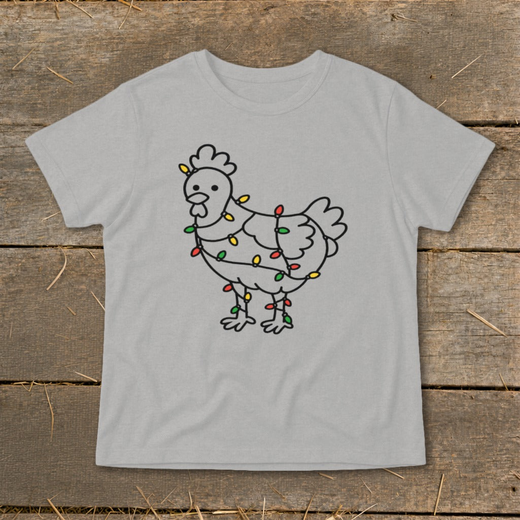 Chicken design with colorful Christmas lights on a light gray t-shirt.