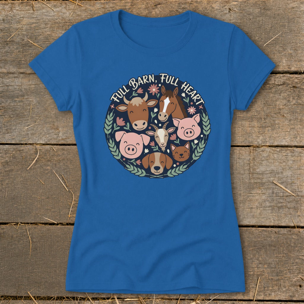 Blue t-shirt with "Full Barn, Full Heart" text and farm animals in a circular design.
