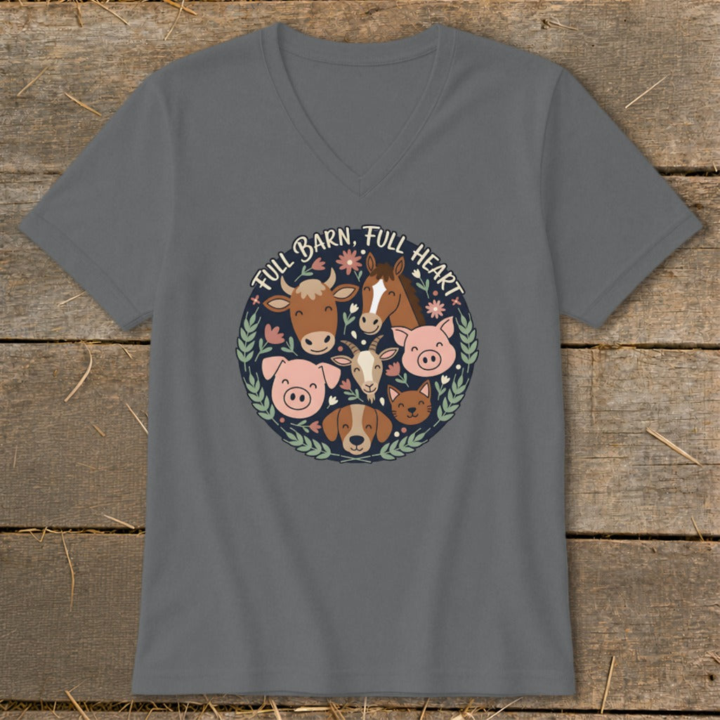 T-shirt with barnyard animals and text "FULL BARN, FULL HEART" in a circular design.