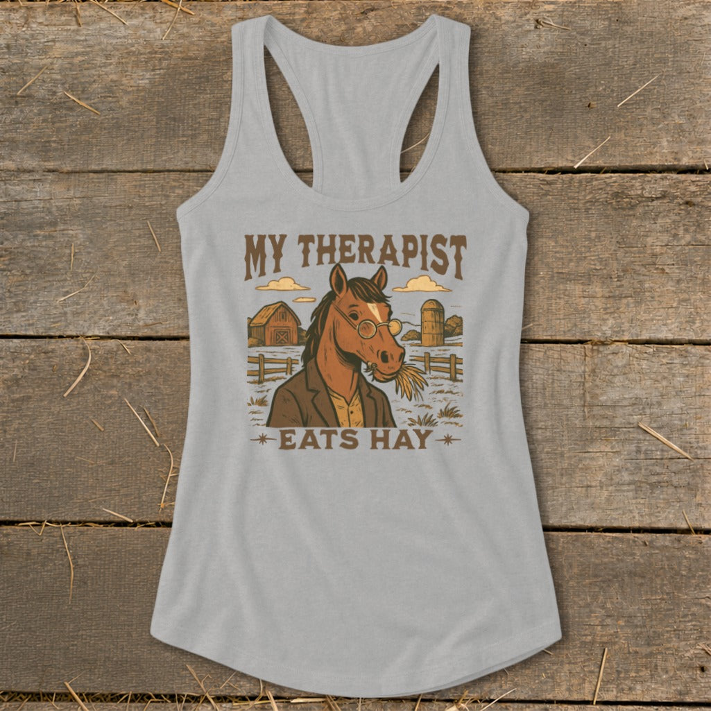 Horse in a suit wearing glasses, eating hay, with "My Therapist Eats Hay" text.