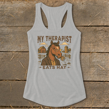 Horse in a suit wearing glasses, eating hay, with "My Therapist Eats Hay" text.