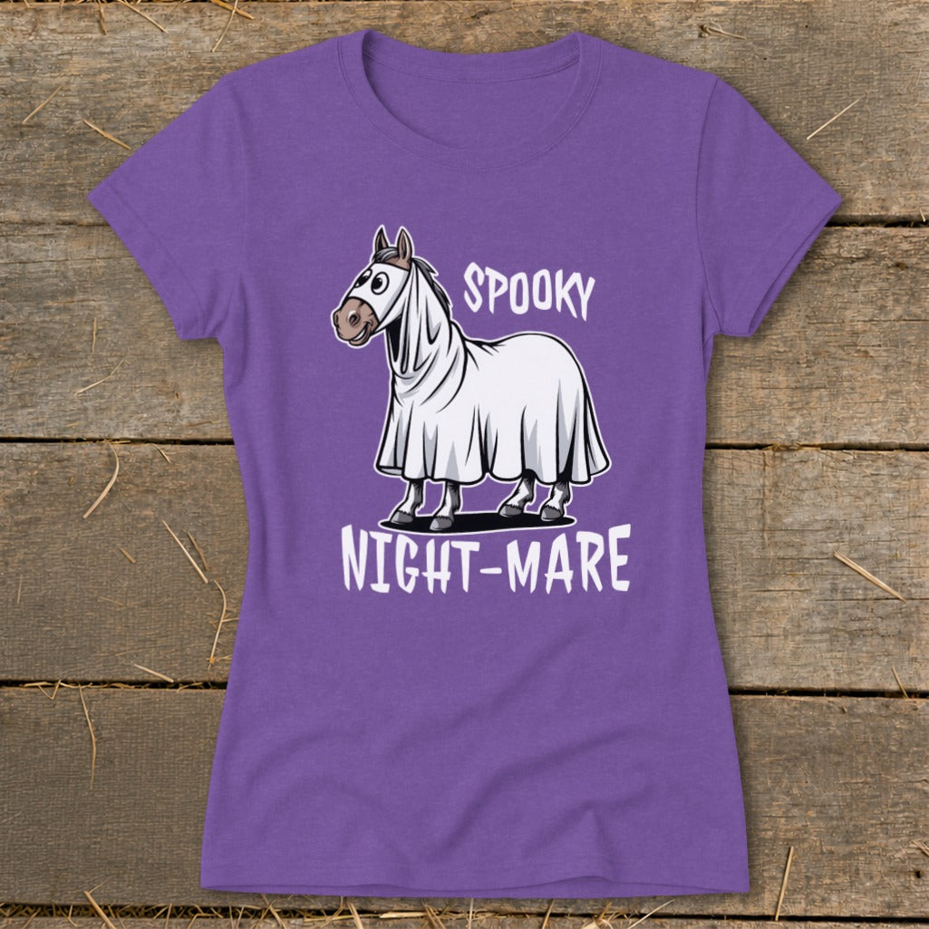 Horse wearing ghost costume with text "Spooky Night-Mare".