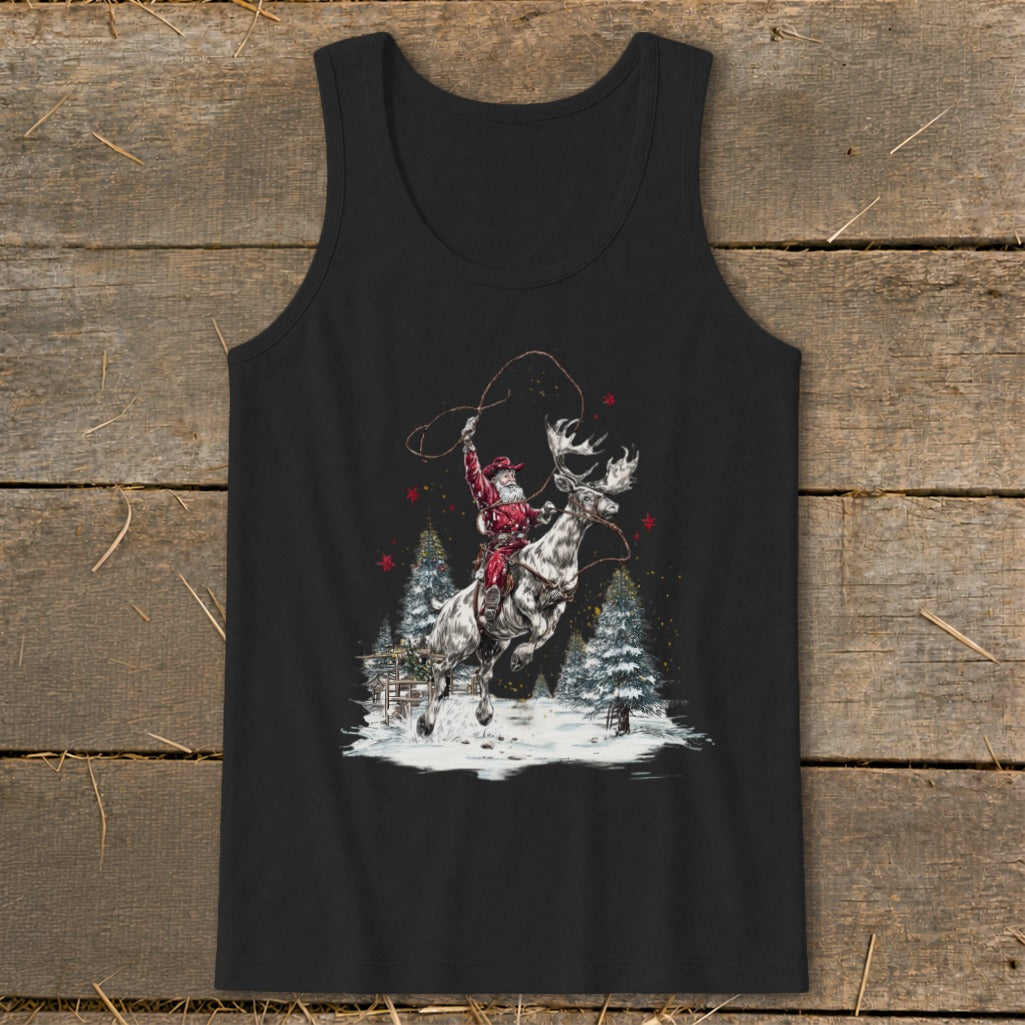 Santa Claus lassoing a reindeer in a snowy forest scene on a black tank top.