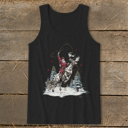 Santa Claus lassoing a reindeer in a snowy forest scene on a black tank top.