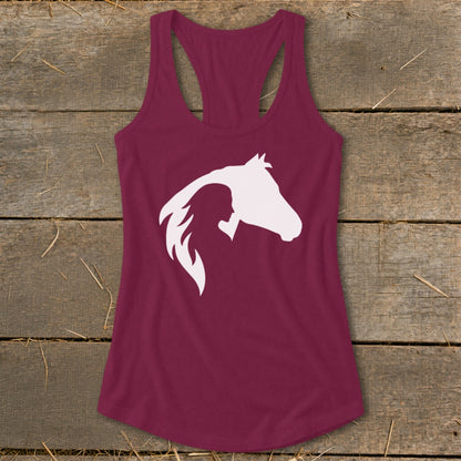 Maroon tank top with a white silhouette of a woman and a horse.