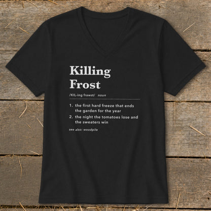 Black V-neck t-shirt featuring dictionary-style definitions for the phrase Killing Frost printed in white text.