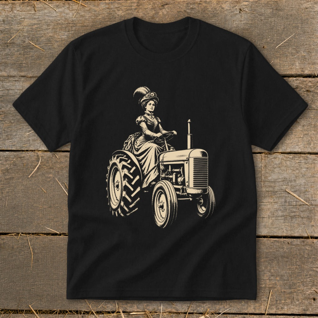Woman in vintage attire driving a tractor with detailed illustration.
