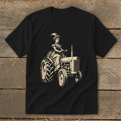 Woman in vintage attire driving a tractor with detailed illustration.