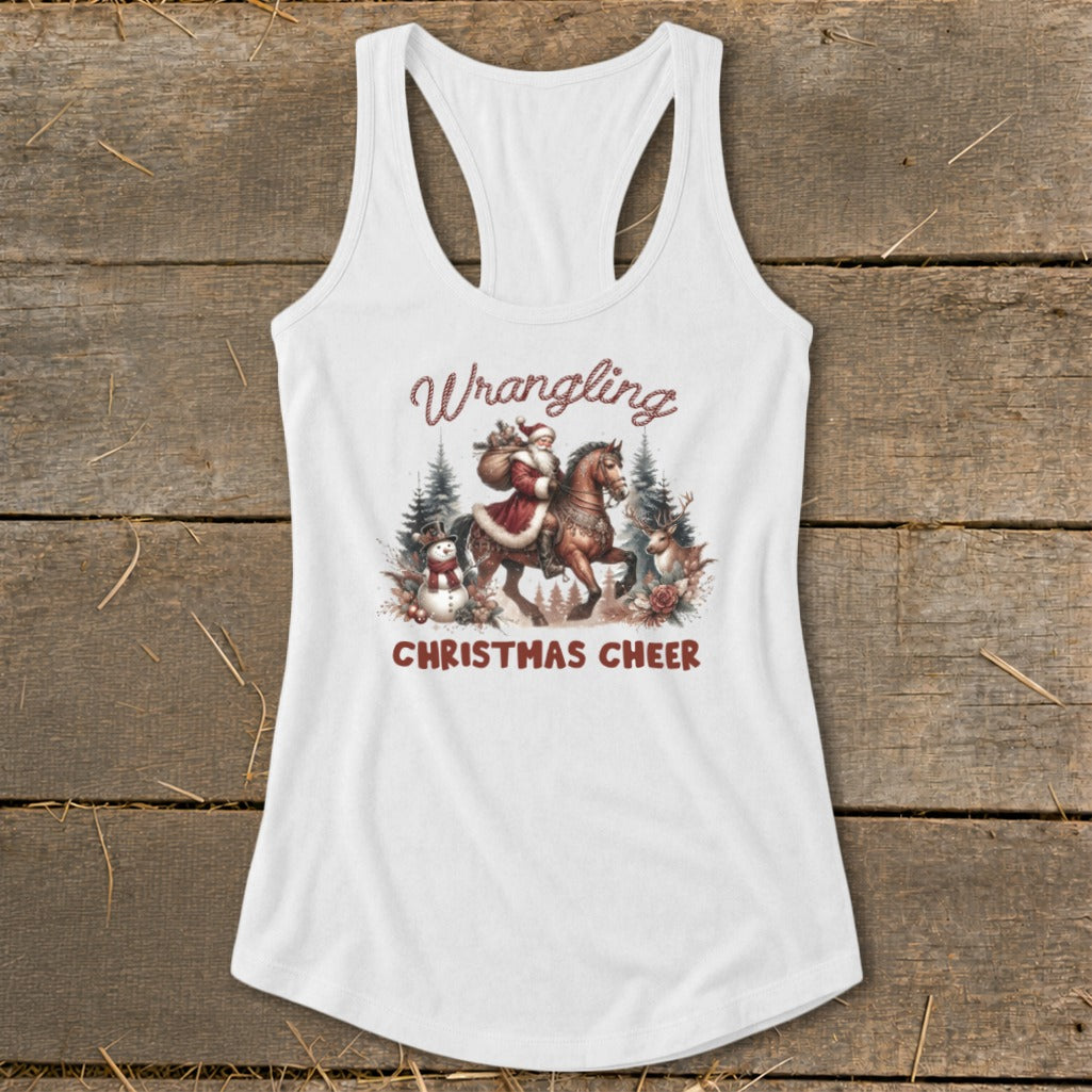 White tank top with Santa riding a horse and the text "Wrangling Christmas Cheer."