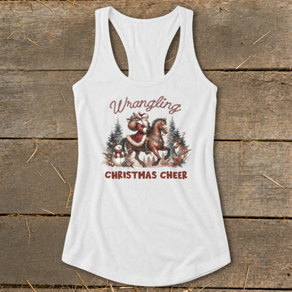 White tank top with Santa riding a horse and the text "Wrangling Christmas Cheer."