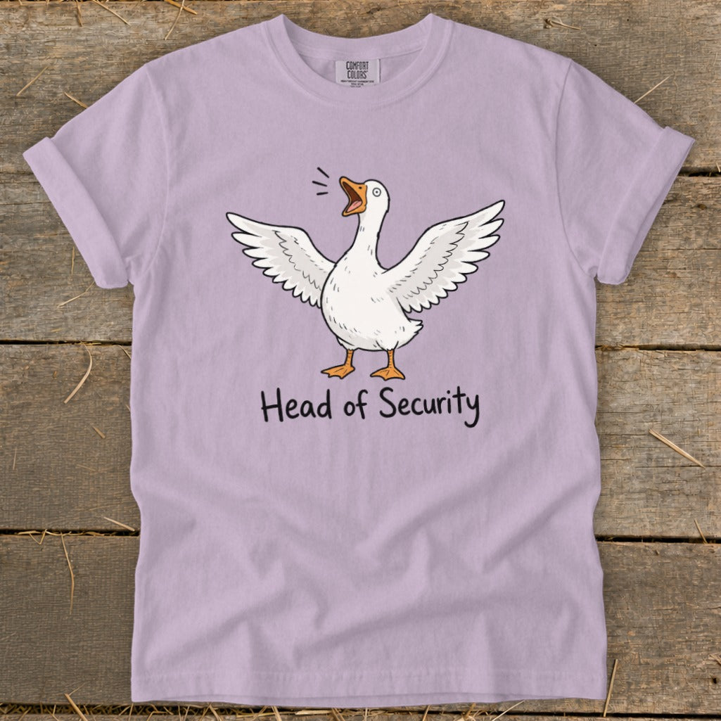 Light purple t-shirt with a cartoon goose flapping wings and text "Head of Security".