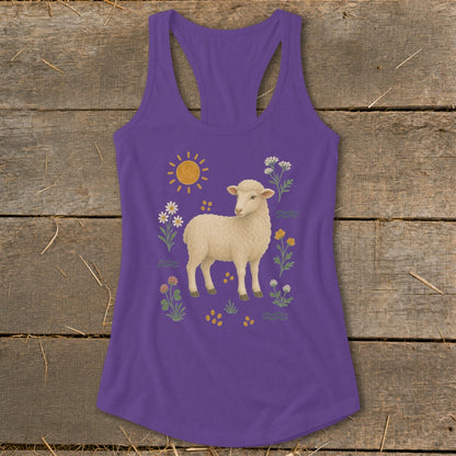 Purple tank top with a graphic of a sheep surrounded by flowers and sun.