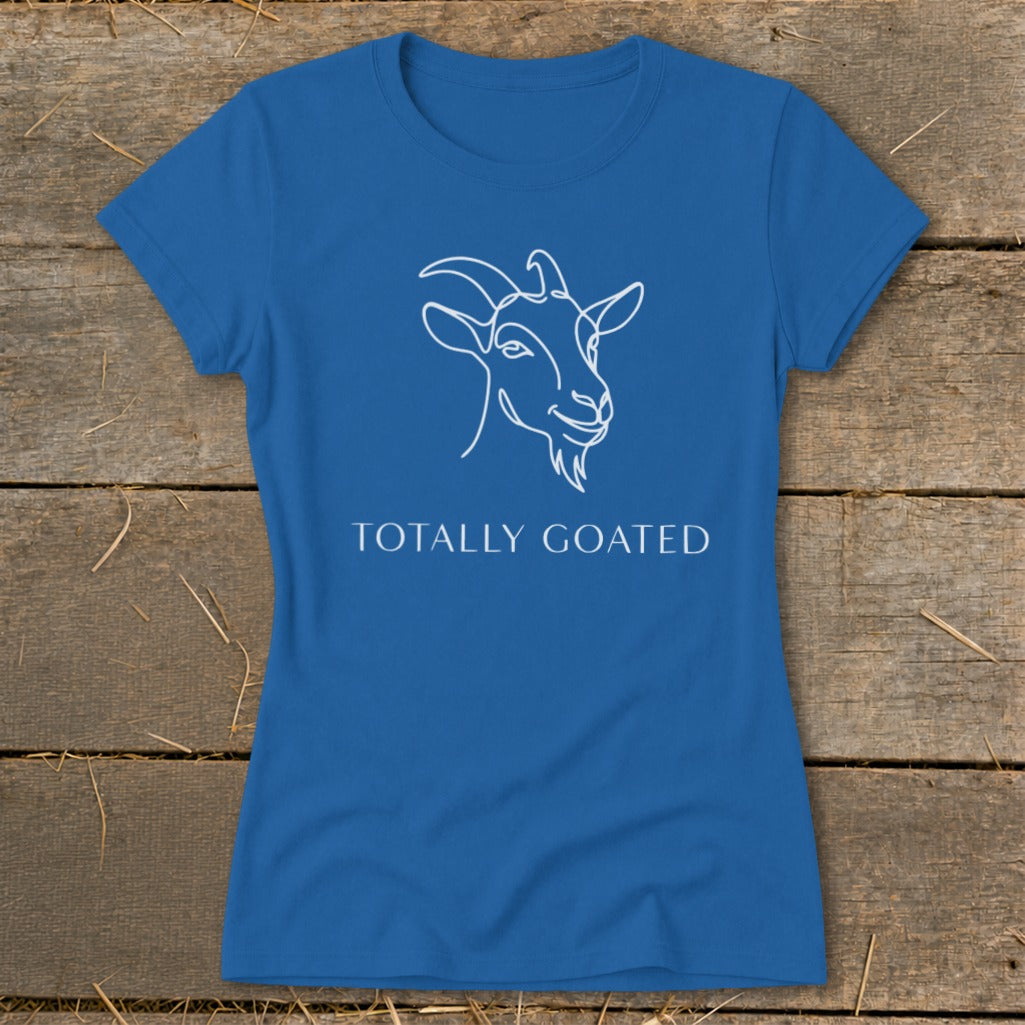 Blue t-shirt with a white line drawing of a goat and text "TOTALLY GOATED".