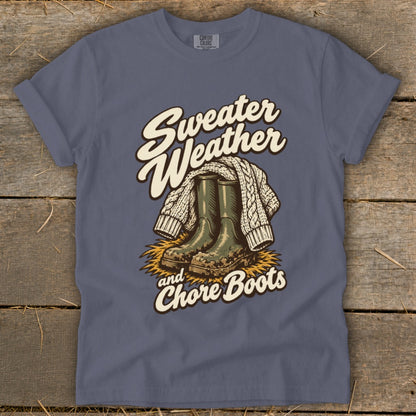 T-shirt graphic: Sweater Weather and Chore Boots with knit sweater and boots.