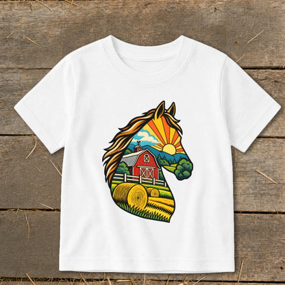 A white t-shirt featuring a colorful illustration of a horse silhouette filled with a farm landscape.