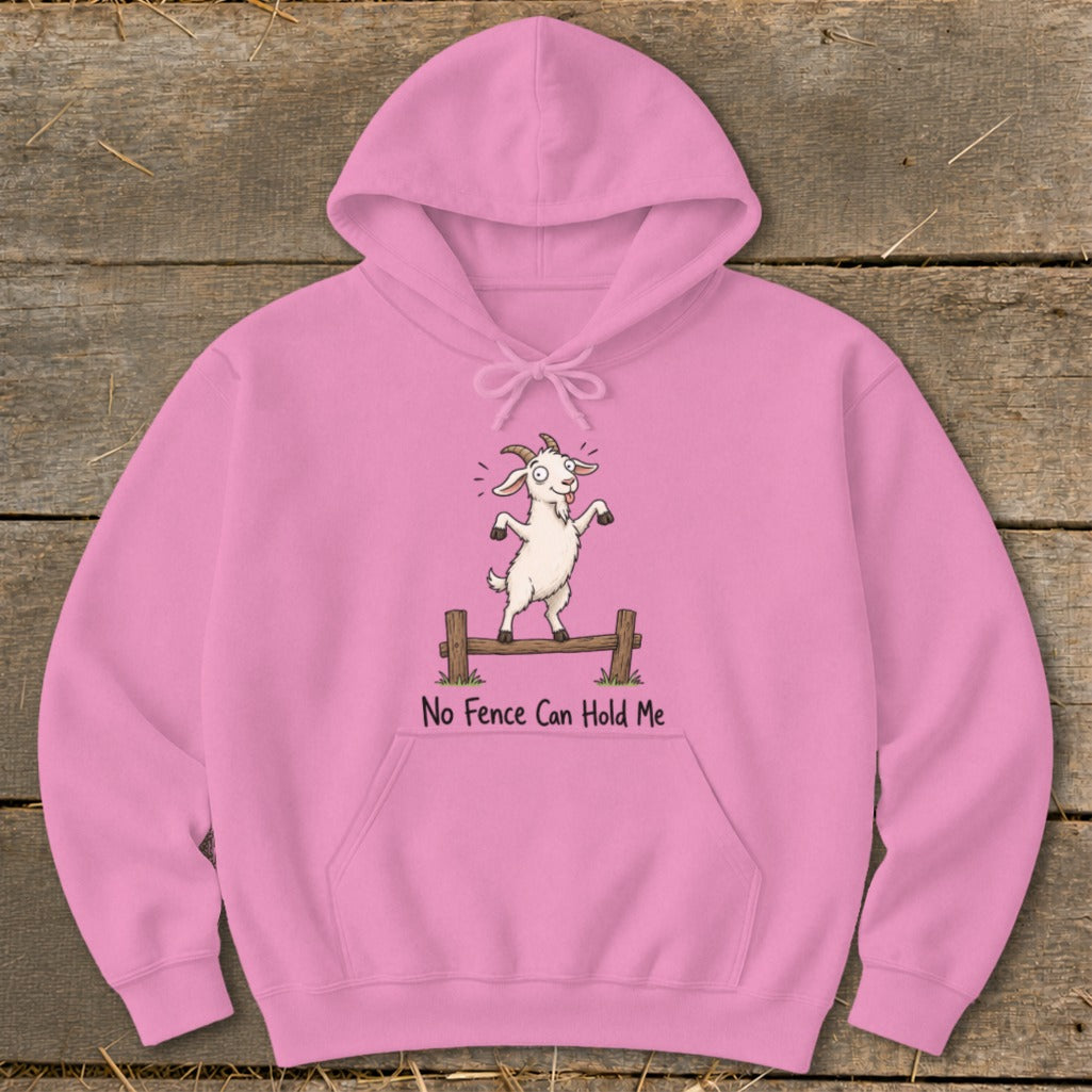 Pink hoodie with a cartoon goat standing on a fence with text "No Fence Can Hold Me".