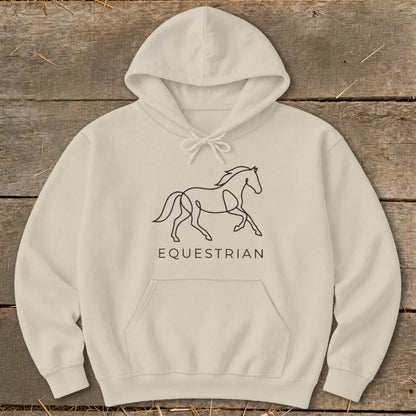 Cream hoodie with a black line drawing of a running horse and the word "EQUESTRIAN".