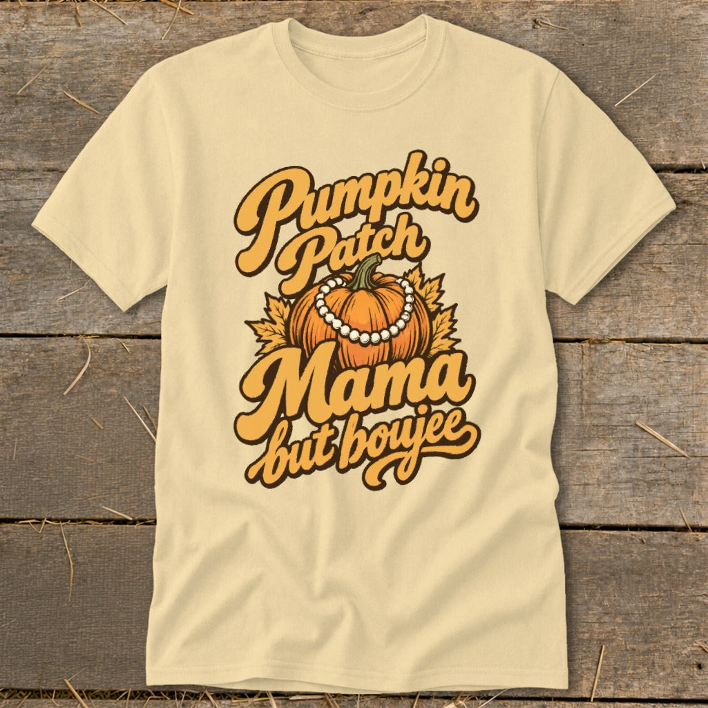 Cream t-shirt with "Pumpkin Patch Mama but boujee" text and pumpkin graphic.