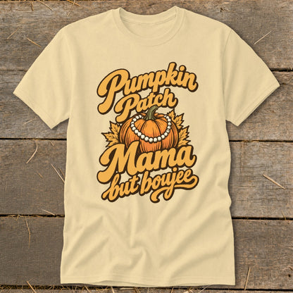 Cream t-shirt with "Pumpkin Patch Mama but boujee" text and pumpkin graphic.
