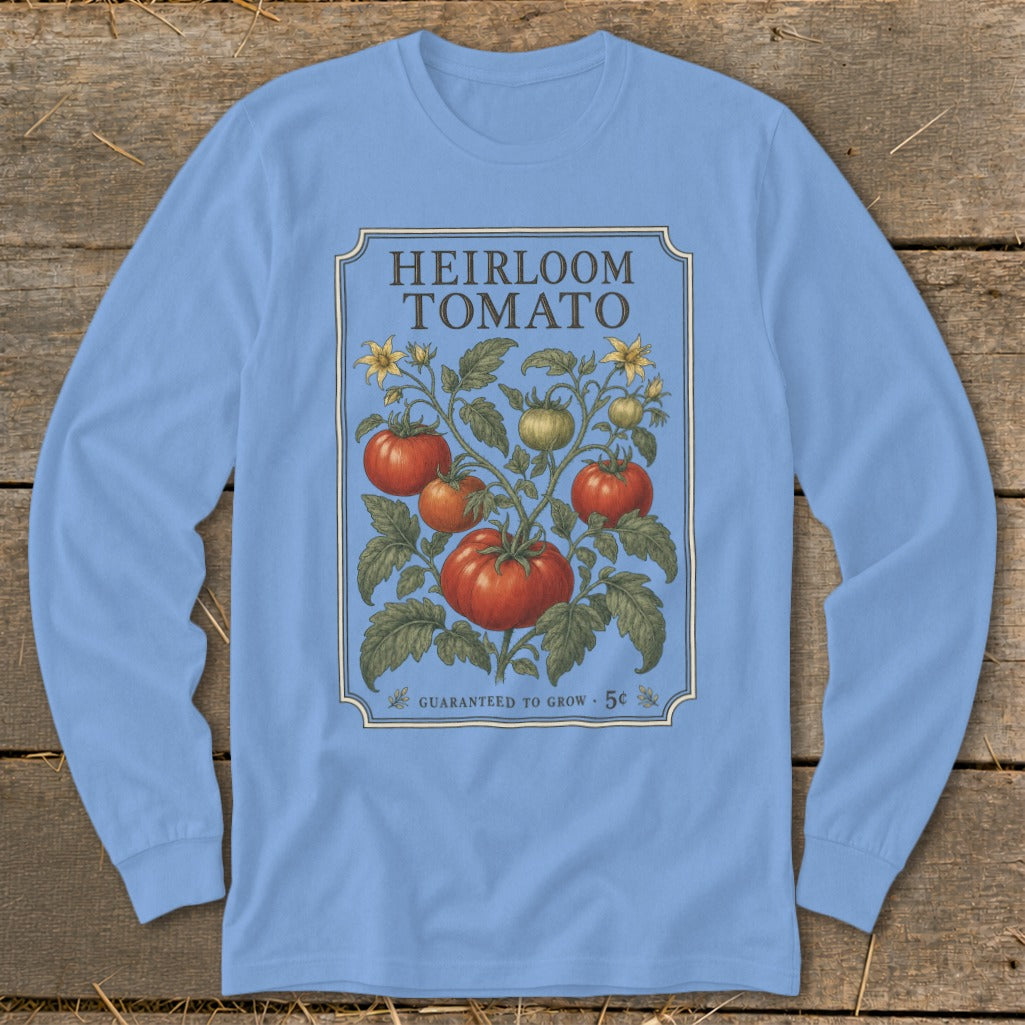 Light blue long-sleeve shirt with "Heirloom Tomato" design and vintage tomato illustration.