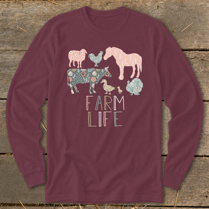 Long-sleeve shirt with "Farm Life" text and whimsical farm animal illustrations.