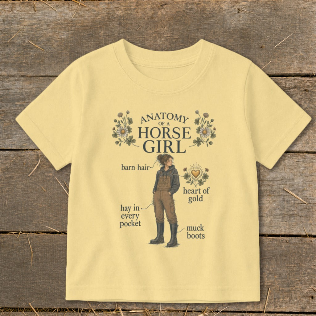 Yellow t-shirt with "Anatomy of a Horse Girl" graphic, featuring text and illustrations.