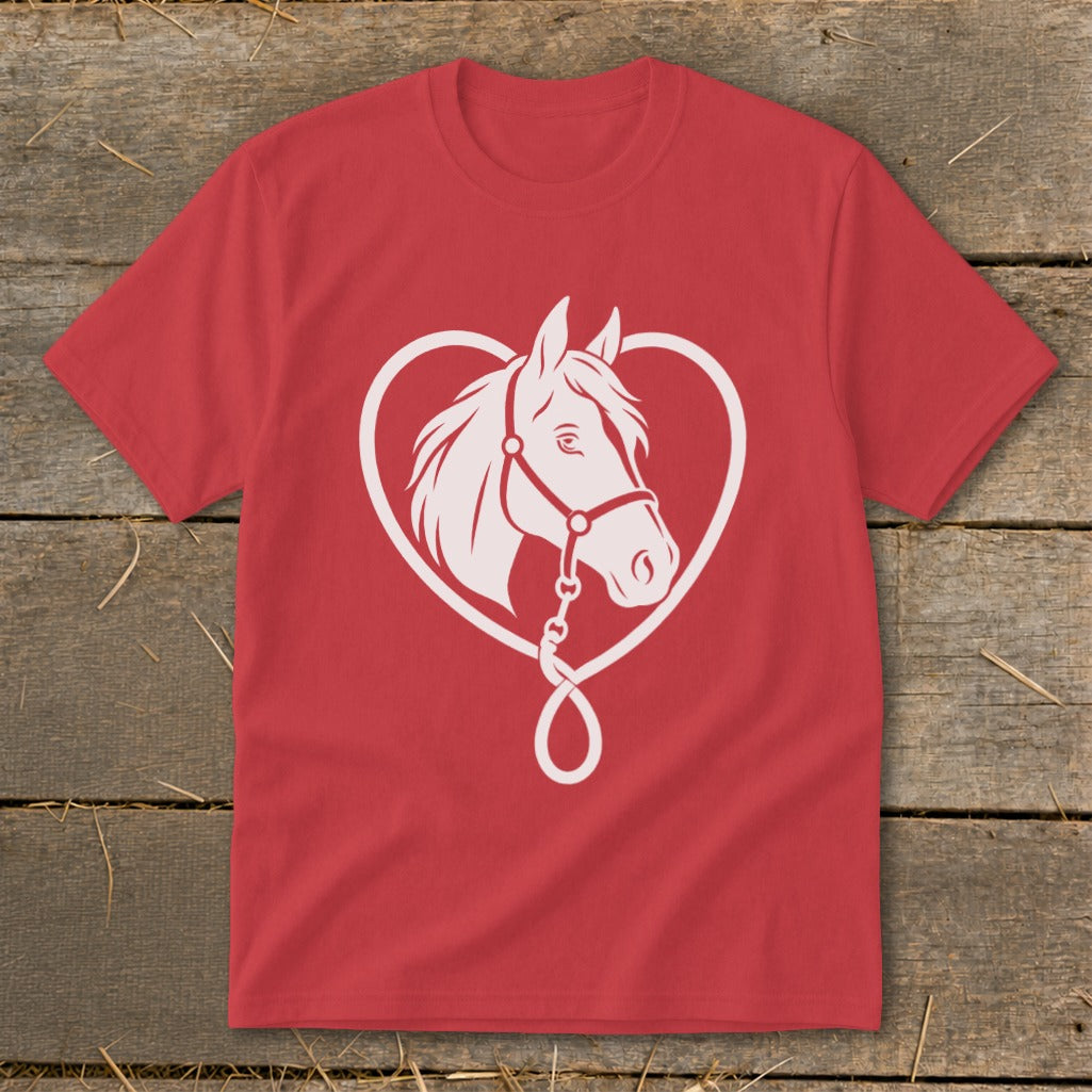 Red short-sleeve t-shirt featuring a white graphic of a horse head inside a heart outline.